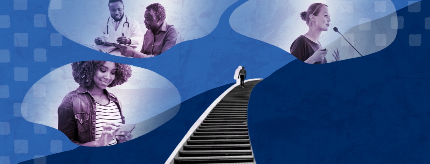 a person walks up a set of stairs on the side of a mountain with clouds above them showing a woman on her phone, a patient talking with a doctor, and a woman speaking into a microphone