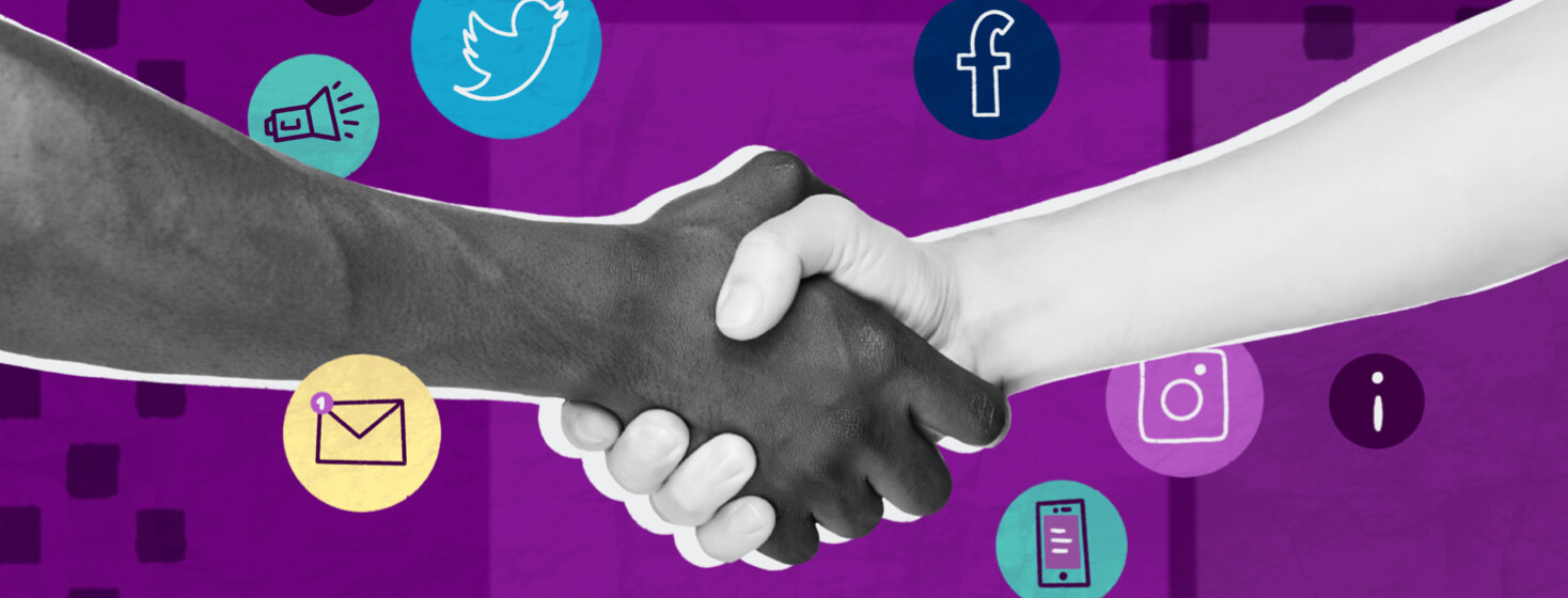 A handshake with social media symbols floating around it
