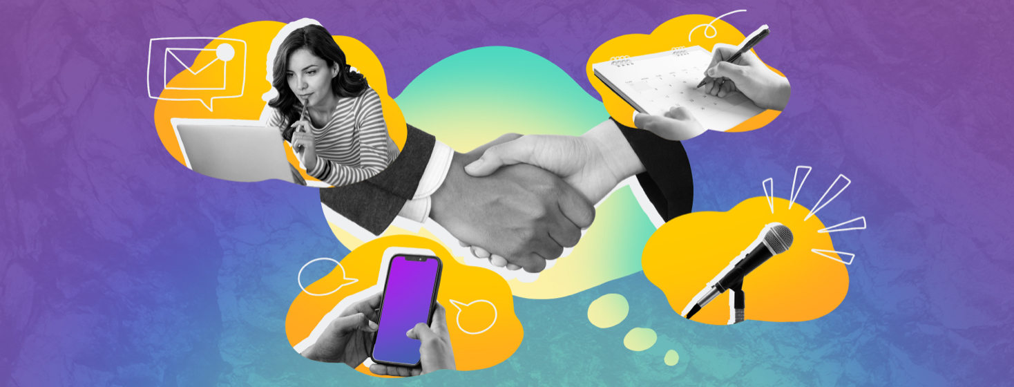 A thought bubble shows two people shaking hands, as smaller bubbles show a woman using a computer, a cell phone, a calendar, and a microphone.