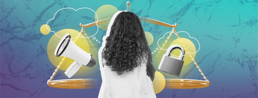 A woman looks at a scale balancing a megaphone and a padlock on either side as thought bubbles surround her.