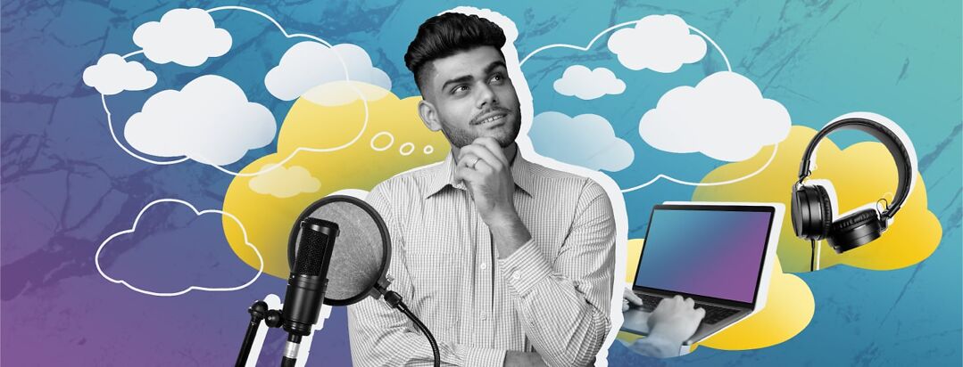 A man with a microphone looks up thoughtfully as thought bubbles around him show clouds, a pencil, headphones, and a laptop.
