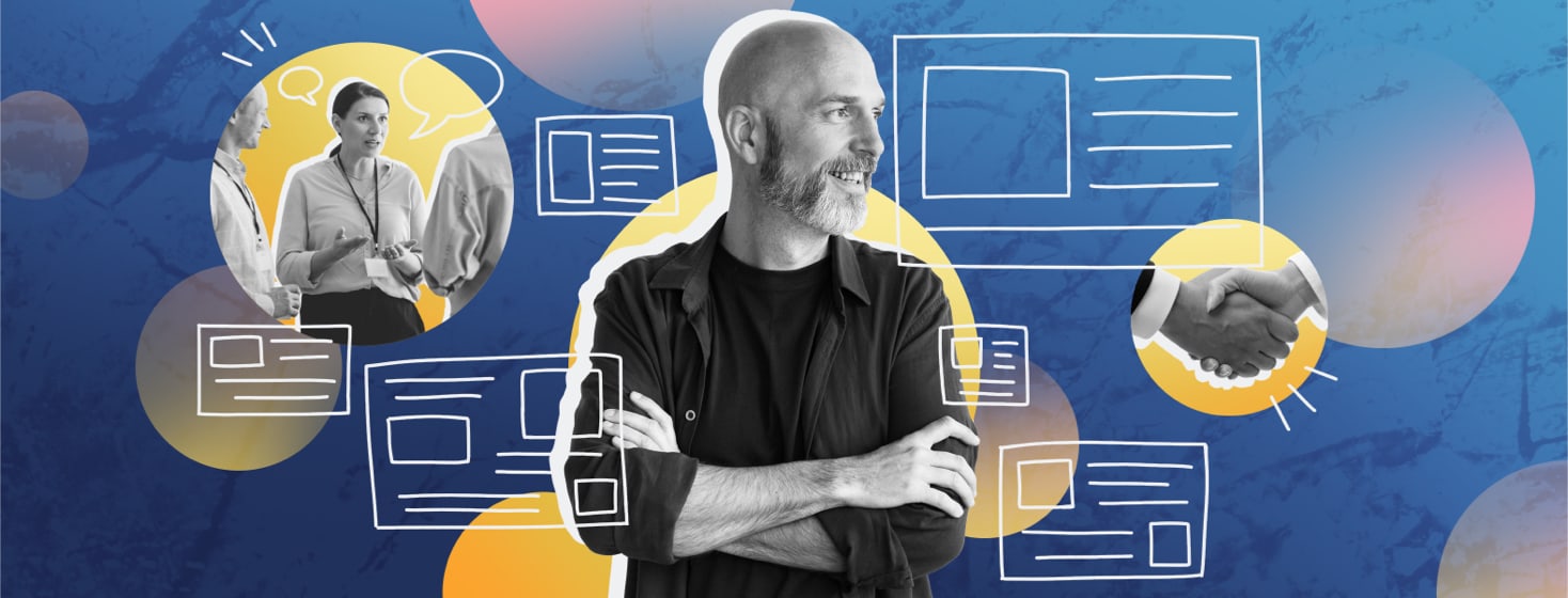 A man looks ahead confidently, surrounded by drawings of research papers and posters and vignette photos of a woman talking at a conference and people shaking hands.