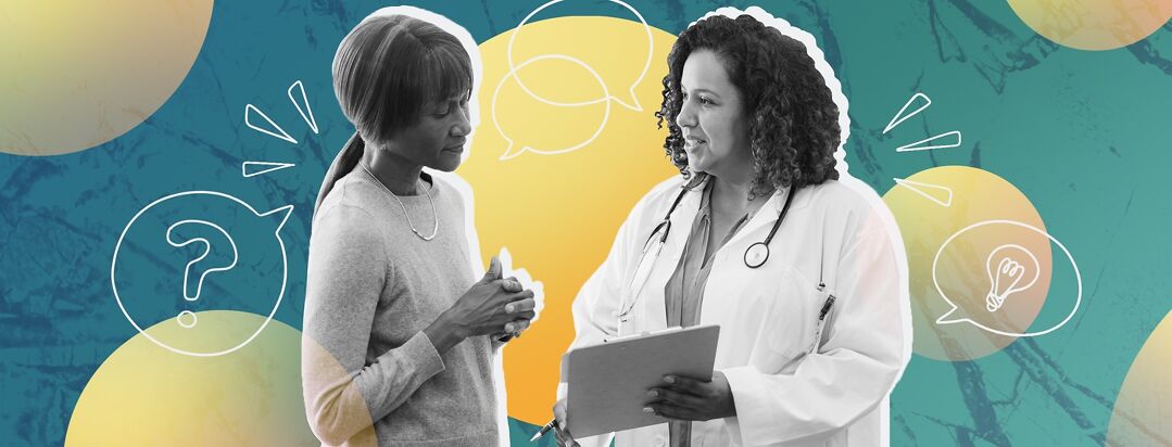 A female patient and a female doctor have a conversation together.