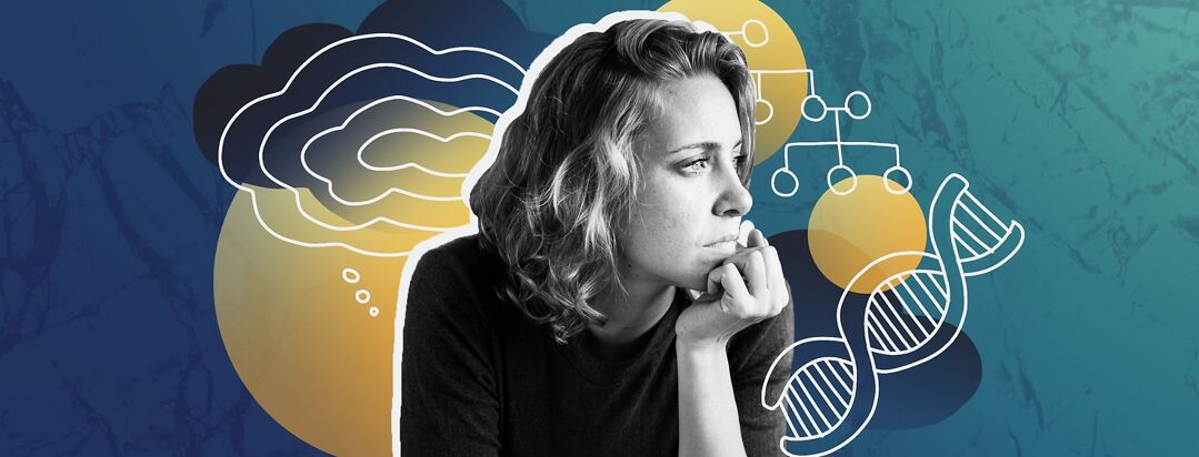 A woman looks out thoughtfully, surrounded by a thought bubble and a DNA helix.