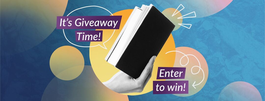 A hand holds an open book with the words "It's giveaway time. Enter to win!".