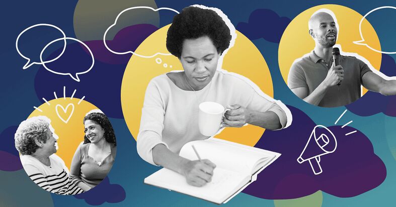 Vignettes show a woman writing in a journal, two family members comforting each other, and a man speaking confidently.