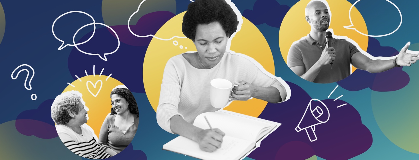 Vignettes show a woman writing in a journal, two family members comforting each other, and a man speaking confidently.