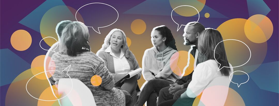 A group of people talk together with speech bubbles floating around them.