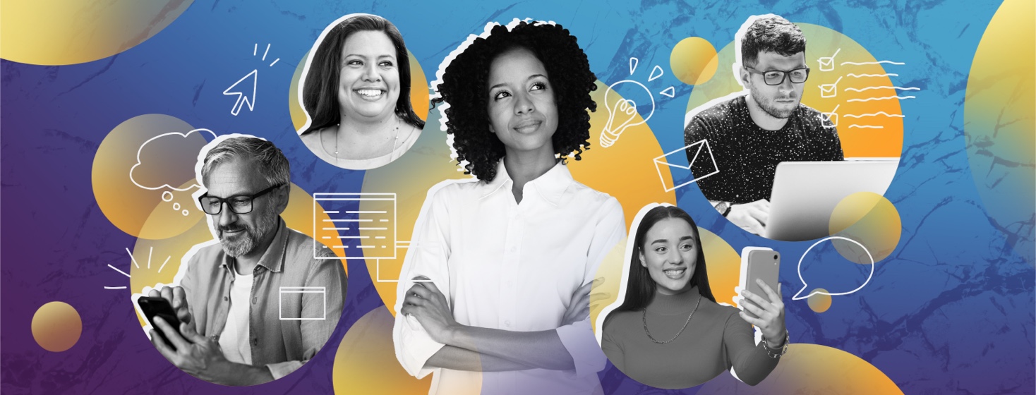 A woman looks up confidently among portraits of people using computers and phones.