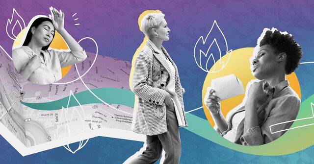 A woman walks along a path extending from an open map as vignettes of women suffering from menopause symptoms appear around her.