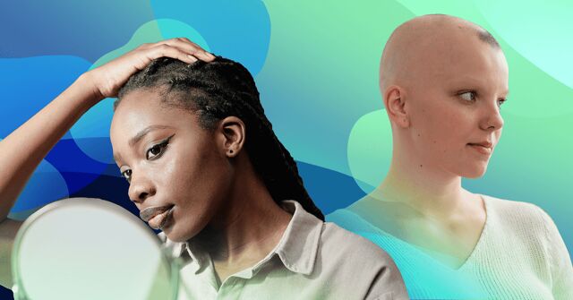 Two women look off into the distance with various levels of hair loss on their heads